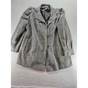 Vintage J Roberts Herringbone Wool Blend Car Coat Grey Black Puffed Shoulder L